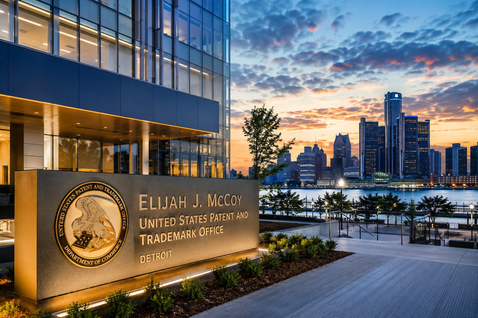 Elijah J. McCoy U.S. Patent and Trademark Office building and signage at dusk, with the Detroit skyline across the river